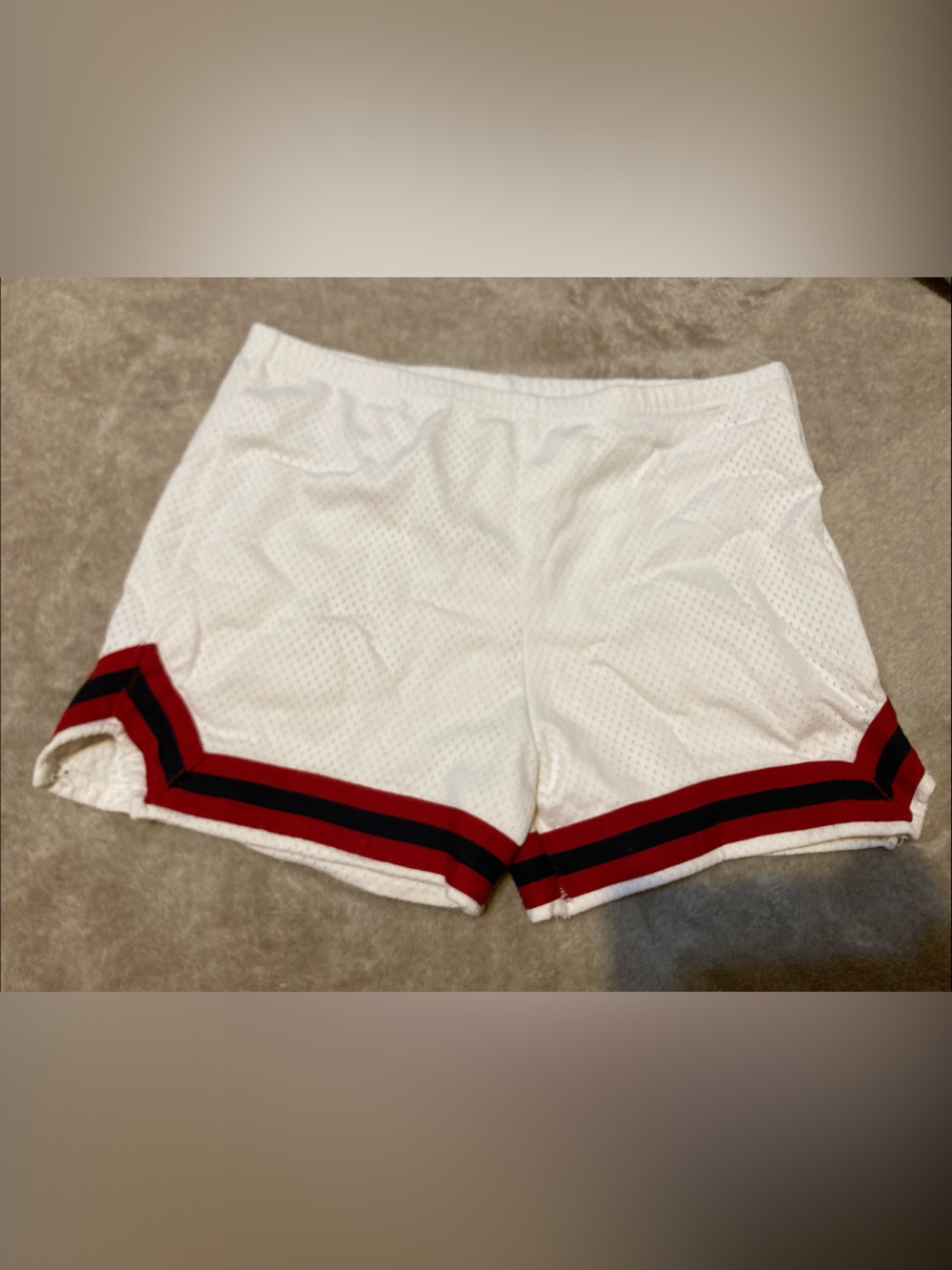 DeLong White Athletic Mesh Shorts with Red and Black Stripe Hem